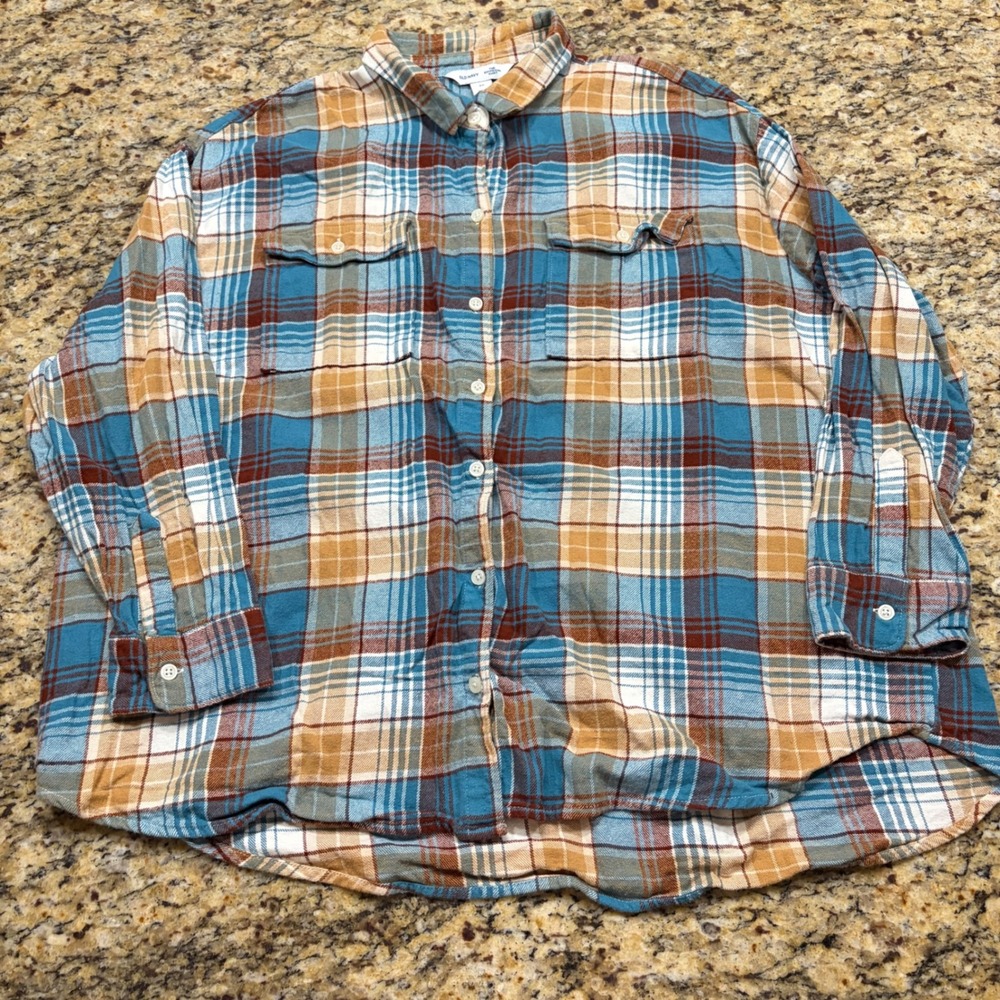 Old Navy The Boyfriend Shirt Blue Tan Plaid Button Down Flannel Plus Size 2X